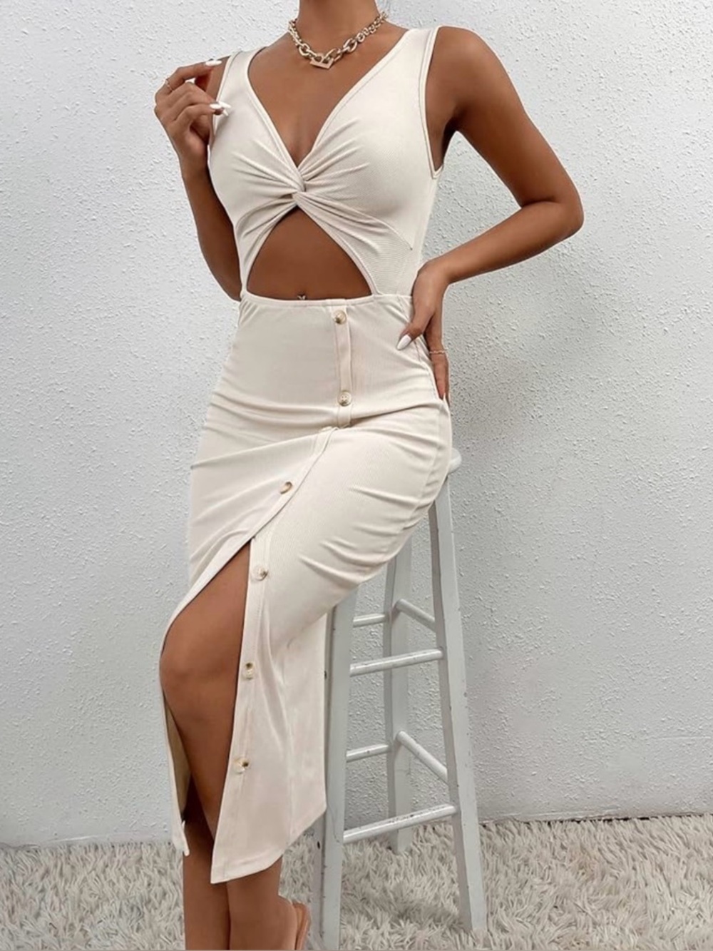 SHEIN Bodycon Cut Out Beige Cream Ribbed Dress Women’s Size Medium Petite